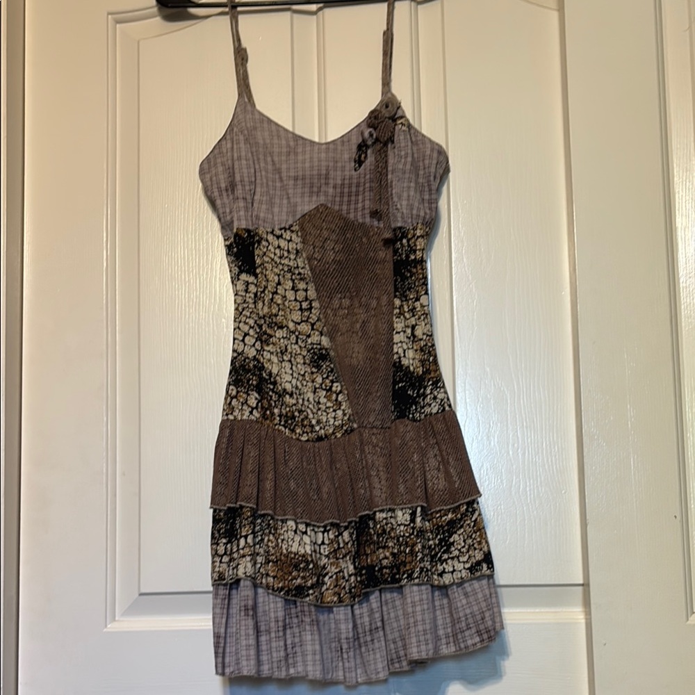 Cream and Brown Patchwork Mini Sundress